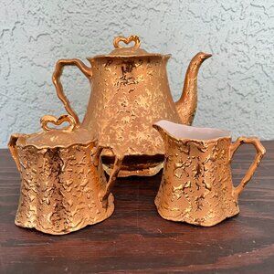 * MINT* Vintage Holley Ross Weeping 22K Gold Tea Set: Teapot, Creamer & Sugar